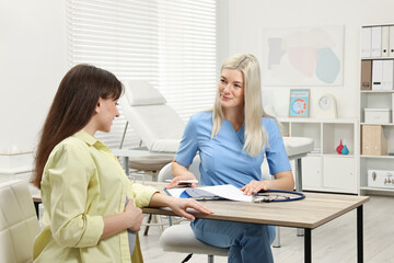 Wall Mural - Doctor consulting pregnant patient at table in clinic