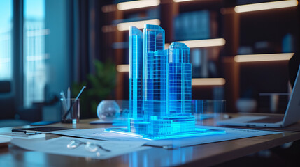 Wall Mural - A blue 3D model of a building is displayed on a desk