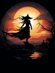 Witch Silhouette Flying on Broomstick