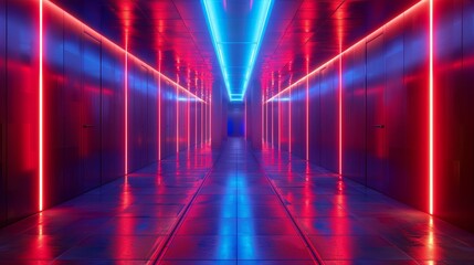 Wall Mural - Futuristic corridor illuminated by neon lights in blue and red