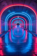 Wall Mural - Futuristic corridor illuminated by neon lights in blue and red