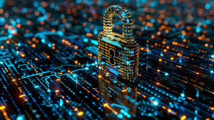 Poster - virtual hologram of digital padlock over array of binary codes cyber security concept, futuristic digital technology concept, modern cyber tech network protection, technology background or wallpaper