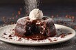 Indulge in a decadent chocolate lava cake, with its rich and gooey center oozing out as you cut into it Generative AI