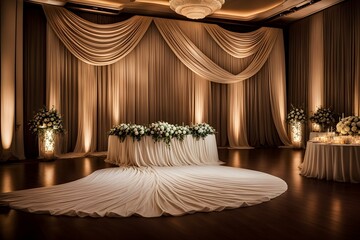 Wall Mural - A wedding reception is taking place in a large room with a white carpeted floor