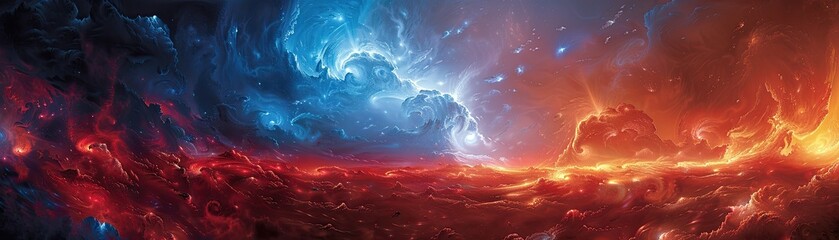 A vibrant portrayal of a dynamic confrontation between two fundamental powers, showcased through radiant visuals in shades of red and blue