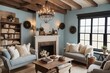 A cozy farmhouse interior with rustic wooden beams, vintage furniture, and soft neutral tones creates an inviting, warm, and relaxed atmosphere.