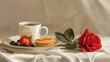 A photorealistic illustration of a breakfast tray with a warm cup of coffee, a plate of pancakes with fruit, and a single red rose  all on a white tablecloth with copy space