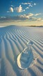 A single footprint imprinted in pristine white sand, stretching towards the horizon