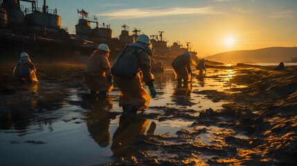 Wall Mural - Volunteers wear masks and use shovels and plain cloth to remove black oil from the coast contaminated by oil from a ship's oil spill. Concept shot of environmental pollution and air pollution.