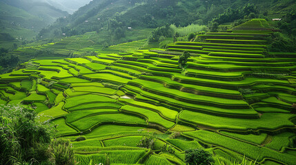 Rural Paradise: A landscape of lush green rice terraces, a serene and picturesque countryside scene.