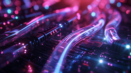 Poster - digital data information flowing through glowing internet cables, futuristic technology background, wallpaper 