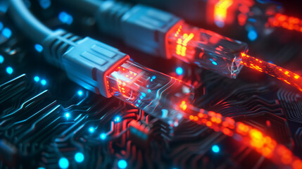Poster - digital data information flowing through glowing internet cables, futuristic technology background, wallpaper 