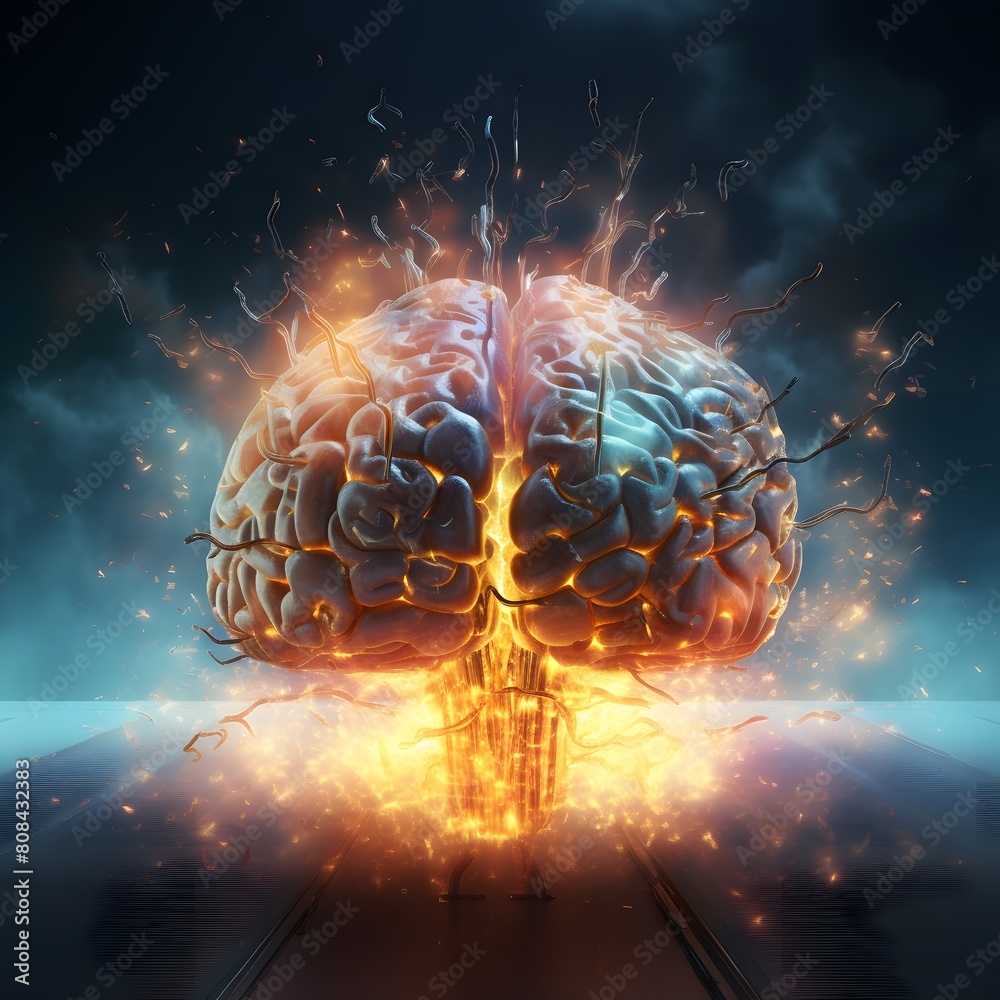 Human brain exploding with knowledge. A human brain with glowing ...
