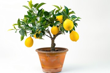 A lemon tree in a terracotta pot with a few bright lemons, isolated on a white background