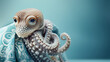 A small octopus is curled up on a blue blanket