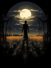 Wall Mural - Haunting Scarecrow Against Full Moon