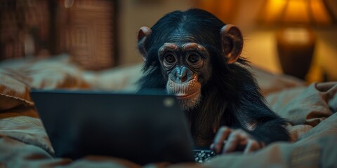 focused monkey programmer working on computer - 4k hd wallpaper，monkey concentrates in front of comp