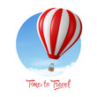 Time to Travel. Vector Banner with 3d Realistic Hot Air Balloon Icon on a Blue Sky Background, Isolated on White. Design Template for Branding. Summer Vacation, Travelling, Tourism and Journey Concept