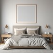 Blank picture frame grey, 3d bedroom mockup, table lamps, grey bed covers