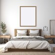 Single blank frame white, 3d bedroom mockup, plants, 2 tone grey covers
