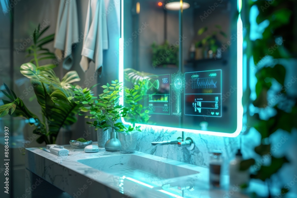 Futuristic bathroom mirror with an interactive display showing health ...