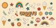 Vector Vintage Groovy Icons and Design Elements for Poster, Sticker Design. Retro Symbol in Hippie 70s Style, Mushroom, Flowers, Eye, Anti-War Peace Symbols. Vector Illustration