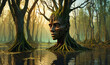 Face Shapped Tree Trunk in a Fantasy Water Marsh Forest
