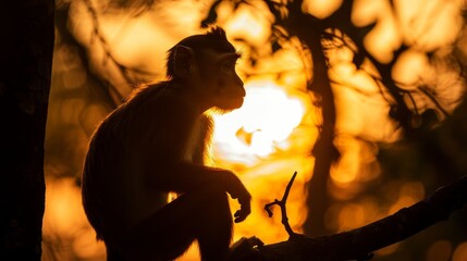 Poster - A silhouette of a monkey at sunset, set against a backdrop of wild nature, Ai Generated