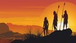 Silhouettes of African aborigines at sunset, showing female tribe members in a desert landscape, Ai Generated