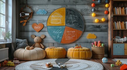 Wall Mural - Simple drawing of colorful chalk pie chart on the wall in children's room, with some toys and books scattered around it.