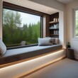 A cozy reading nook with a built-in bookcase, window seat, and task lighting3