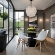 A contemporary dining room with a glass table, Eames chairs, and a statement light fixture5