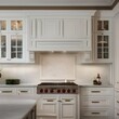 A classic kitchen with white cabinets, marble countertops, and a subway tile backsplash2