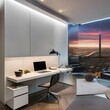 A sleek home office with a minimalist desk, swivel chair, and abstract wall mural4