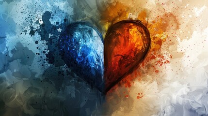 A heart with two different colors, blue and red, is painted on a canvas