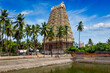 Gopura (tower) and temple tank of Lord Bhakthavatsaleswarar Temple. Built by Pallava kings in 6th century. Thirukalukundram (Thirukkazhukundram), near Chengalpet. Tamil Nadu, India