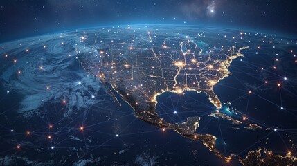 Digital map of North America showing global network connections, data transfer and connectivity between the USA, Canada and Mexico depicted in space over the earth at night.