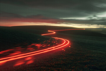 Wall Mural - Curve of road in the middle of Green field at sunset with light trail from car light.  