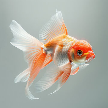 A vibrant golden fish with flowing fins and tails, isolated against a gray background in a studio setting.