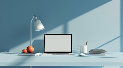 Wall Mural - Minimalist plain blue background for product photography with just one object as the highlight, white desk and table lamp.