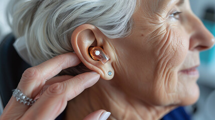 Wall Mural - Close-up of doctor putting hearing aid device on elderly female patient's ear. Deafness medical solution.