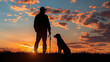 silhouette of blind man with guide dog on a beautiful sunset