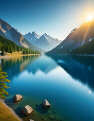 Wall Mural - serene and tranquil beautiful lake at the morning with sunrays over the mountain