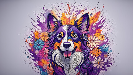 Sheepdog in watercolor rainbow flower paint explosion wallpaper background