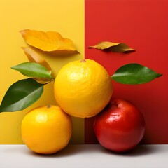 Wall Mural - yellow and red background a red apple and two oranges 