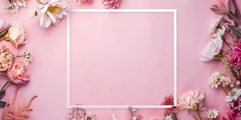 Wall Mural - beautiful colorful floral frame background with white square border on pink pastel color background, generative AI