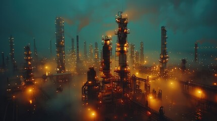 Oil refinery and plant and tower column of petrochemistry industry in oil and gas industrial at night,