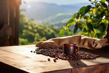 Wall Mural - Front view of a wooden table with freshly brewed coffee a sack of beans and coffee mug coffee fields