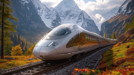Wall Mural - The modern train gracefully makes its way through the majestic mountains. Aesthetic mountain landscape. Generative AI