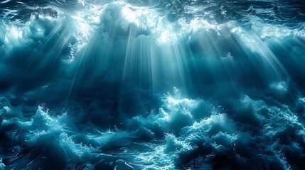 Wall Mural - High-definition depiction of cascading deep blue waves under the ocean surface, with beams of light piercing through, illuminating the depths in a majestic display of natural beauty.